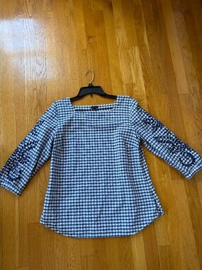 Coastal Boho Blue Gingham Top Embroidered Sleeve Square Neck L